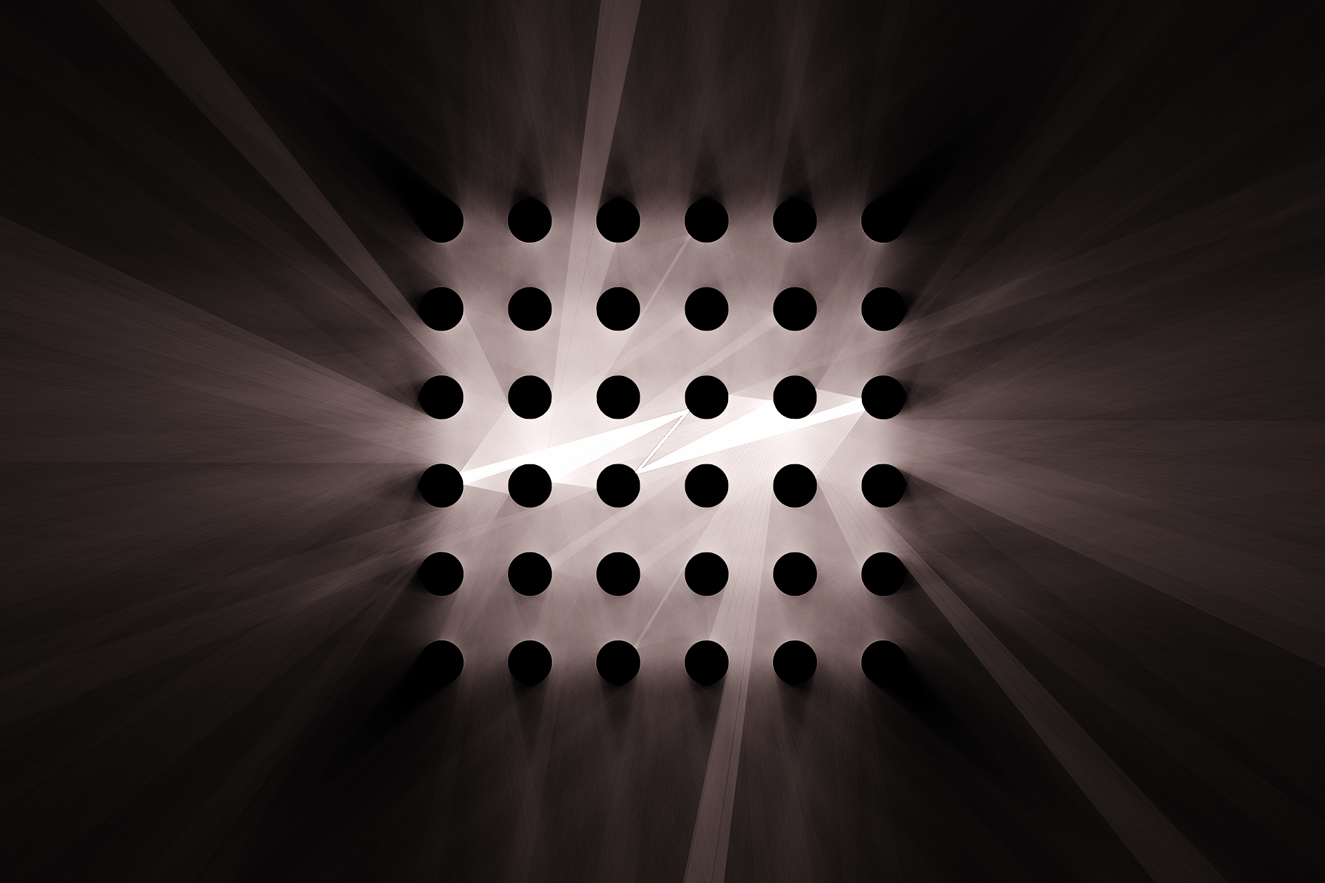 Ray Sweep: coloured light paths bouncing around a grid of reflective circles.